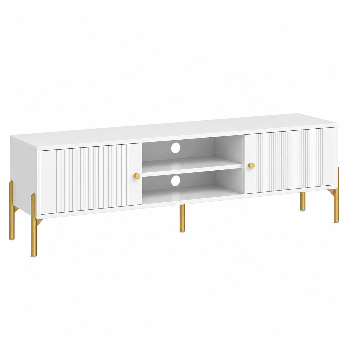 Meuble TV blanc et doré 140 cm vu de trois quarts, portes cannelées et 5 pieds en acier doré