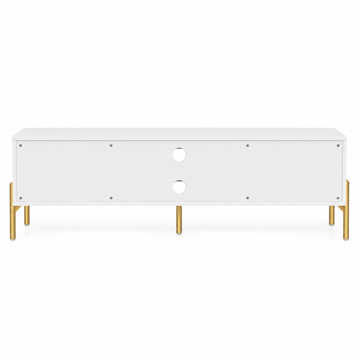 Vue arrière du meuble TV blanc et doré 140 cm, dos fermé et passe-câbles