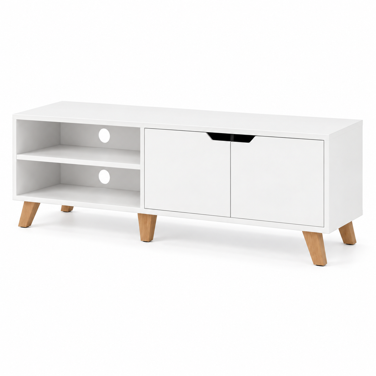 Meuble TV blanc rétro scandinave vu de trois quarts, compartiment ouvert et pieds en bois naturel
