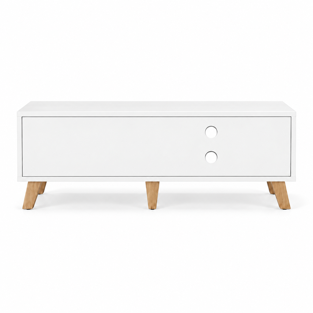 Vue arrière du meuble TV blanc rétro scandinave 140 cm, dos blanc avec 2 passe-câbles