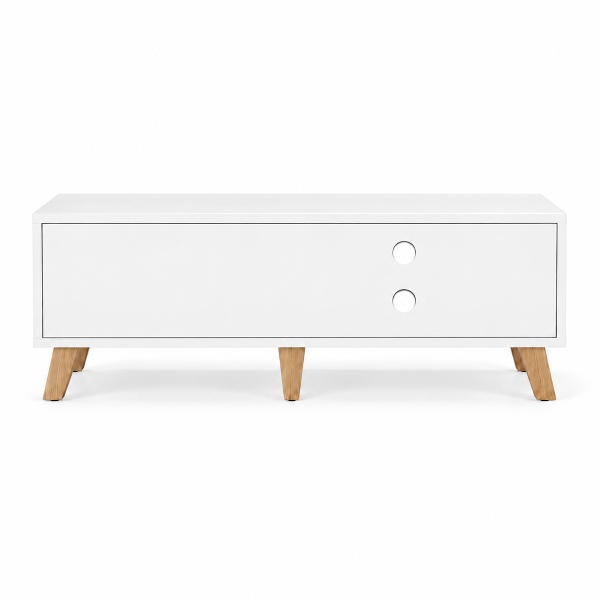 Vue arrière du meuble TV blanc rétro scandinave 140 cm, dos blanc avec 2 passe-câbles