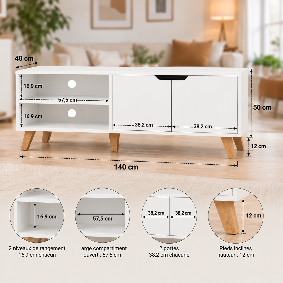 Dimensions et détails du meuble TV blanc rétro scandinave : 140 x 40 x 50 cm, étagère réglable et passe-câbles