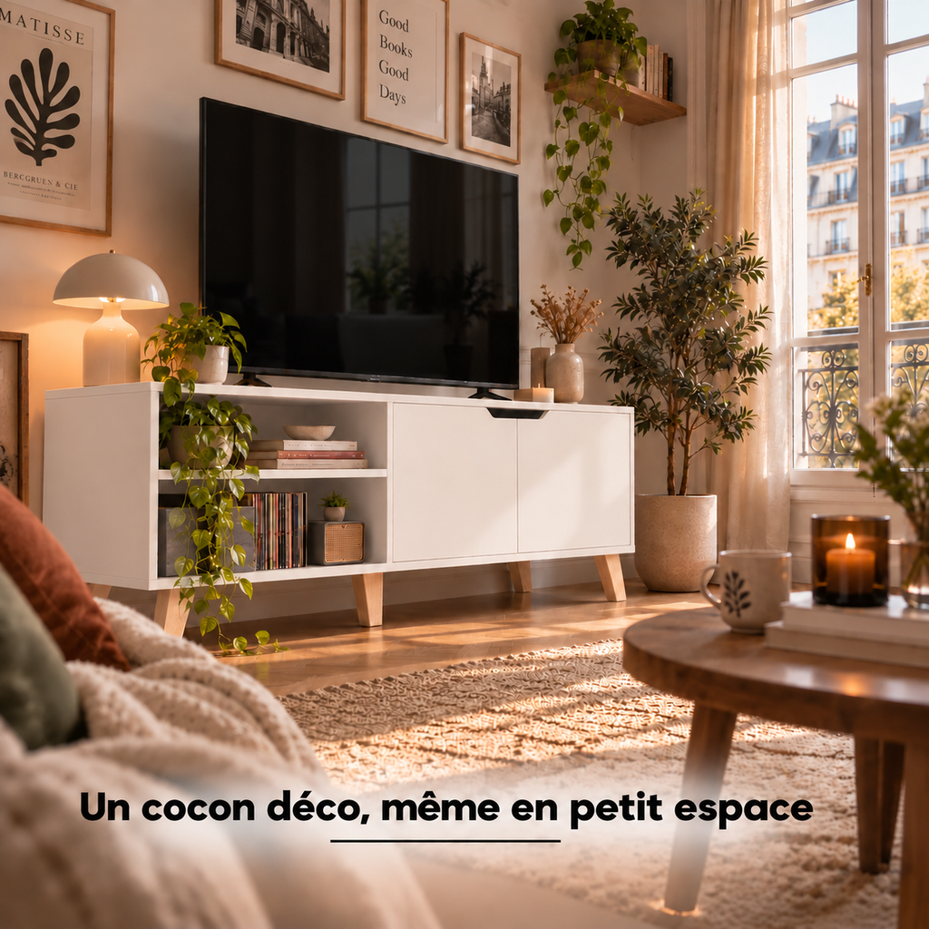 Meuble TV blanc rétro scandinave dans un salon cosy, téléviseur fixé au mur et plantes