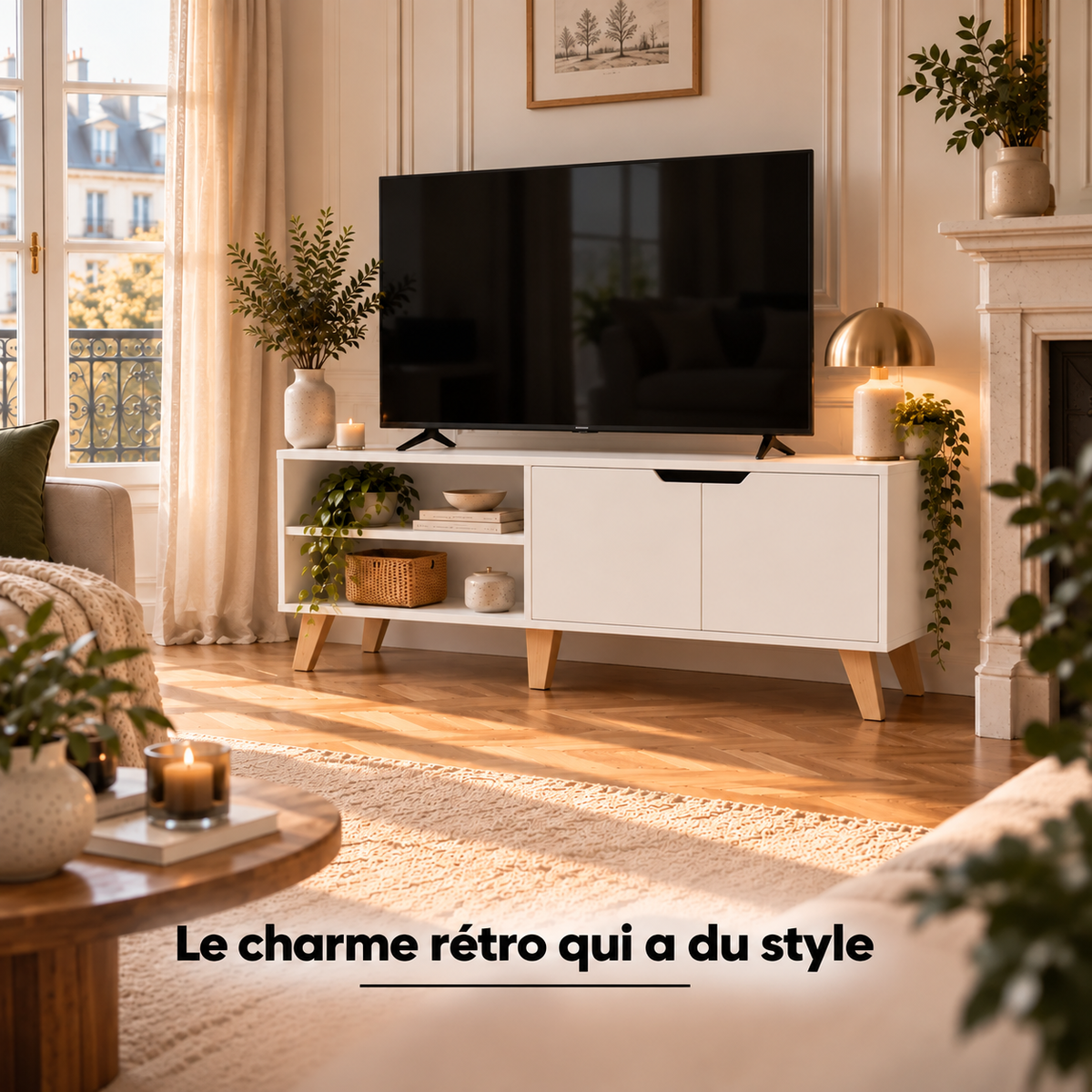 Meuble TV blanc rétro scandinave dans un salon lumineux, téléviseur posé dessus et décoration chaleureuse