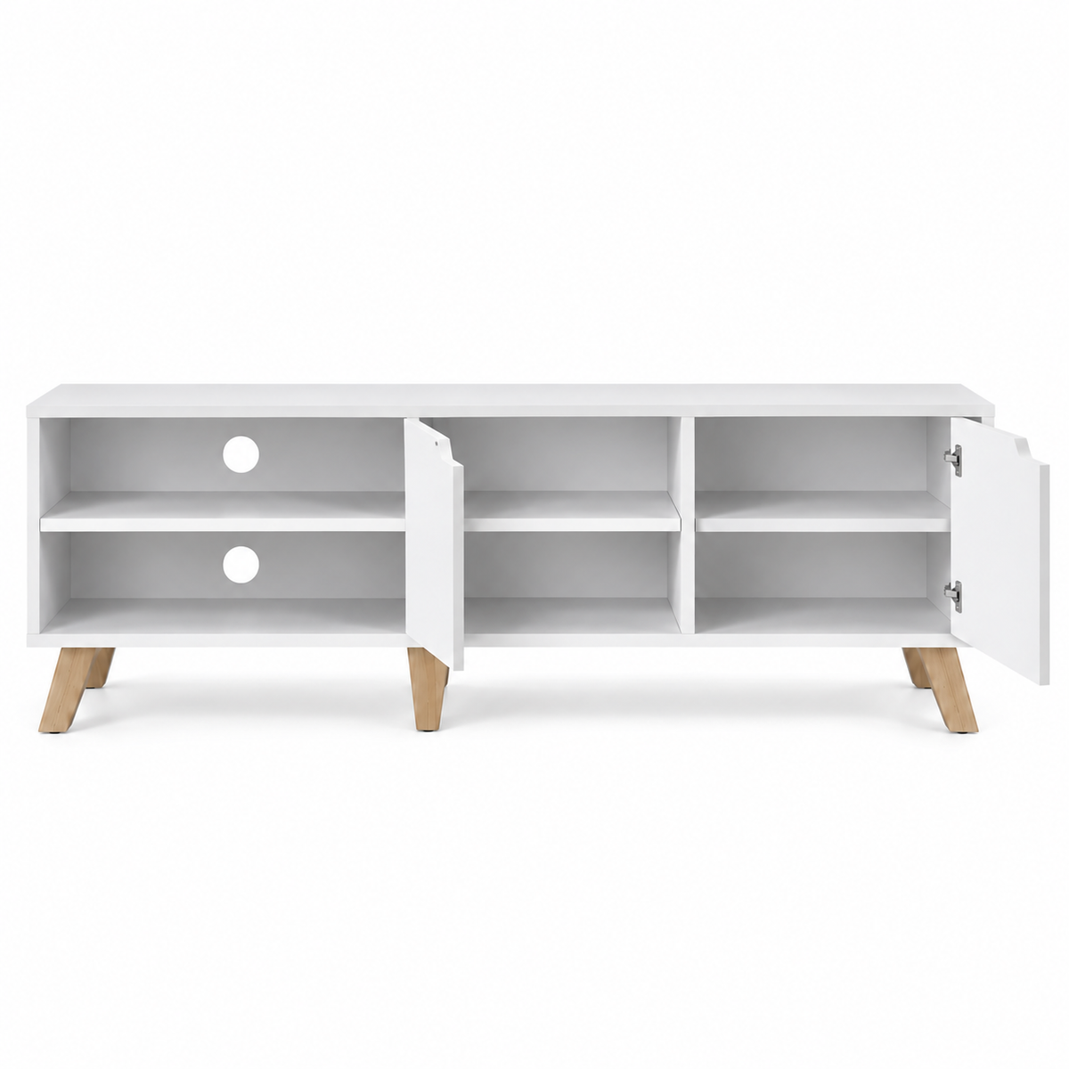 Meuble TV blanc rétro scandinave avec ses 2 portes ouvertes sur le rangement intérieur