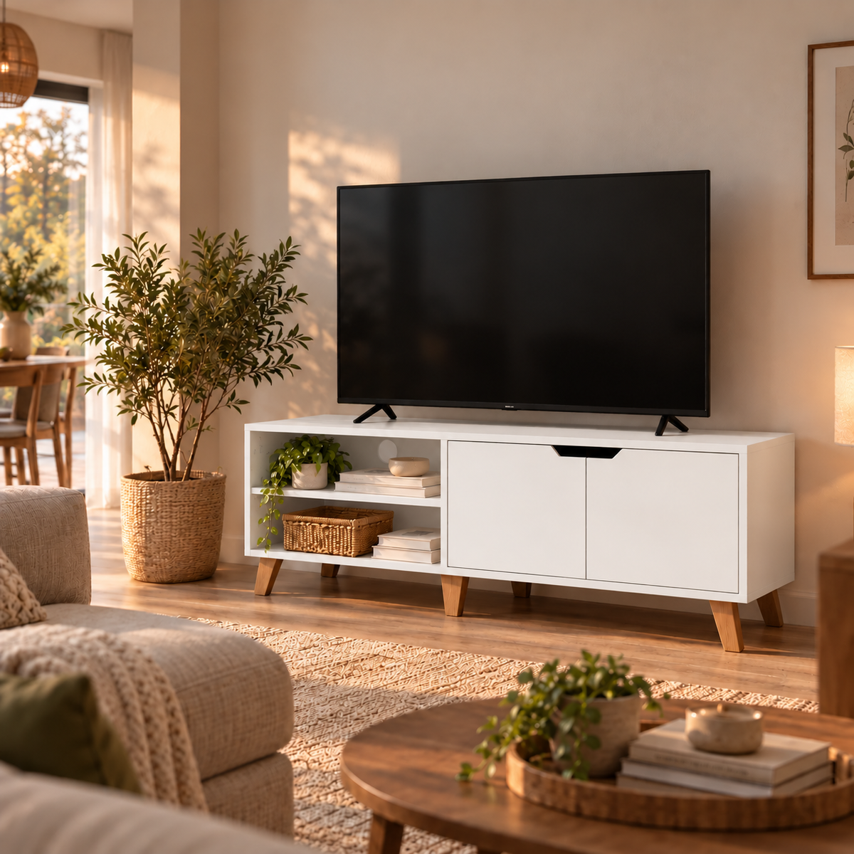 Rangement du meuble TV blanc rétro scandinave : étagère réglable ouverte et compartiment fermé à 2 portes Image