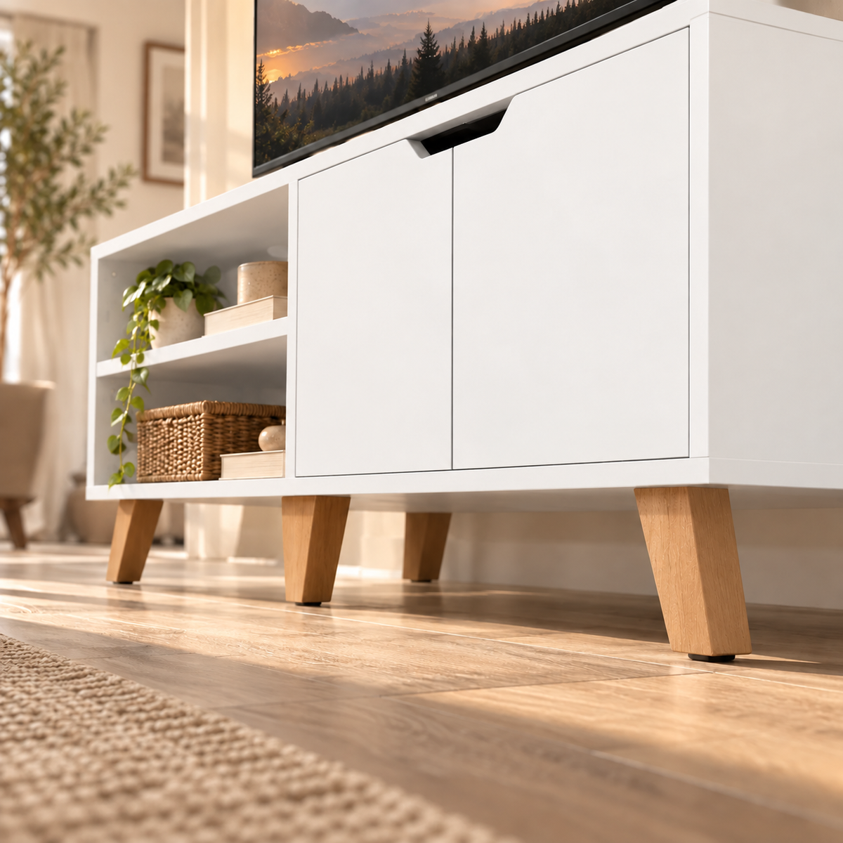 Pieds inclinés en bois du meuble TV blanc rétro scandinave, 12 cm de garde au sol Image