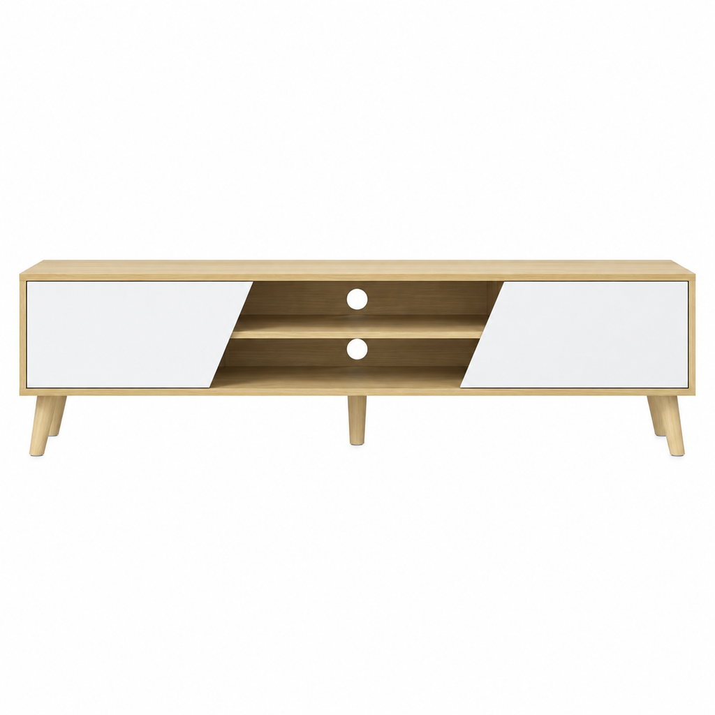 Meuble TV bois et blanc 150 cm Plexture, style minimaliste, vue de face : 2 portes blanches trapézoïdales et 2 niches centrales ouvertes