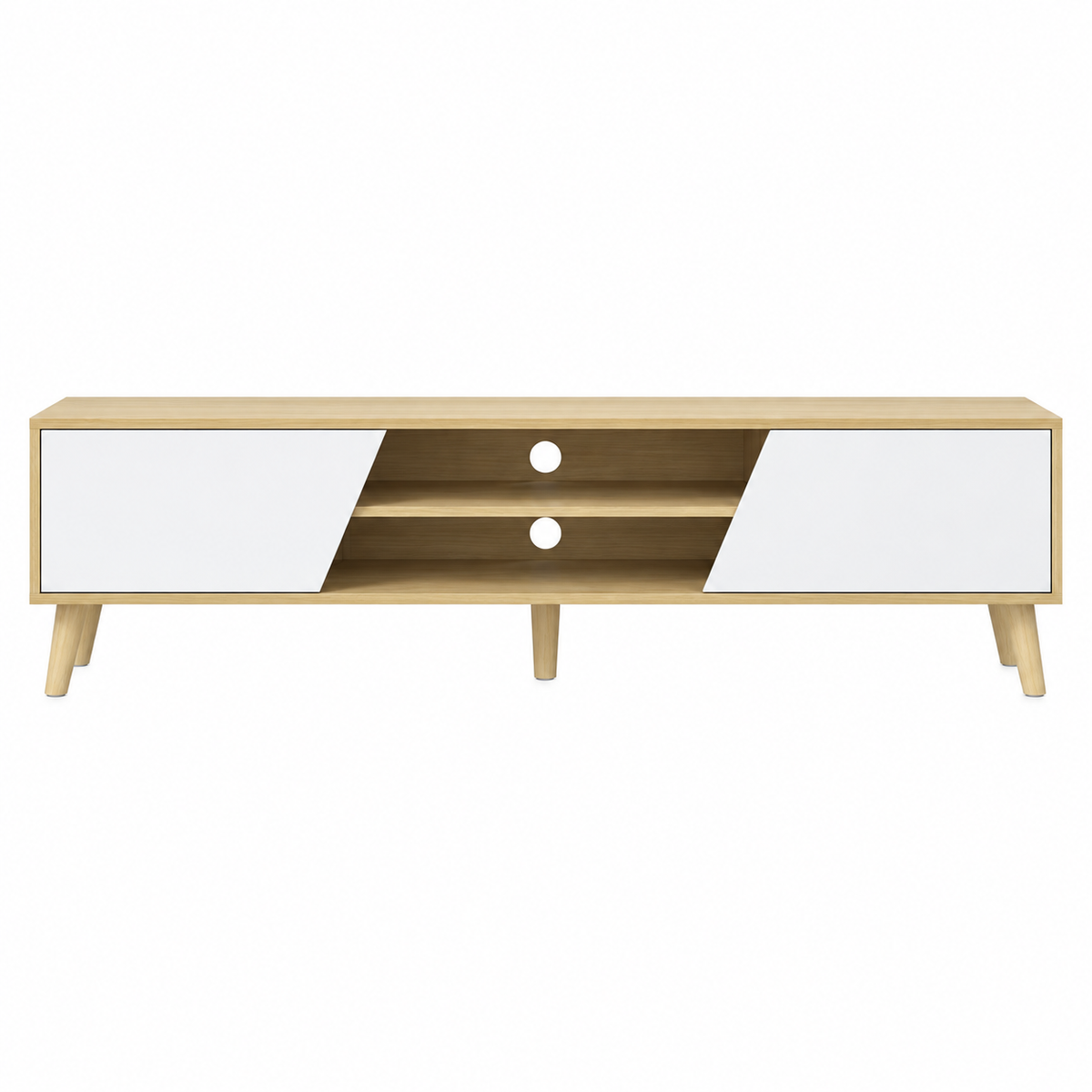 Meuble TV bois et blanc 150 cm Plexture, style minimaliste, vue de face : 2 portes blanches trapézoïdales et 2 niches centrales ouvertes