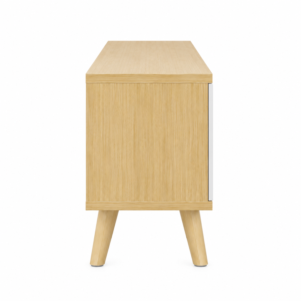 Vue de côté du meuble TV bois et blanc, pieds fins en bois inclinés