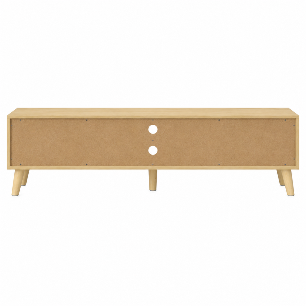 Vue arrière du meuble TV bois et blanc 150 cm, dos en bois clair avec passe-câbles
