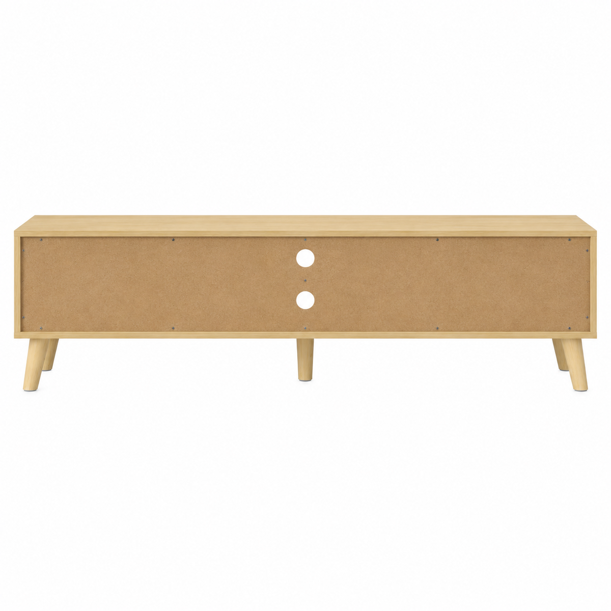 Vue arrière du meuble TV bois et blanc 150 cm, dos en bois clair avec passe-câbles
