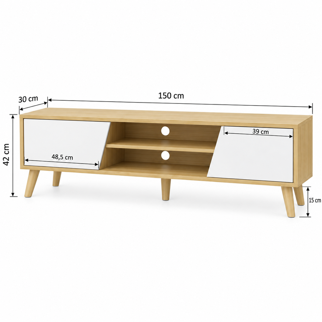 Dimensions du meuble TV bois et blanc : 150 x 30 x 42 cm