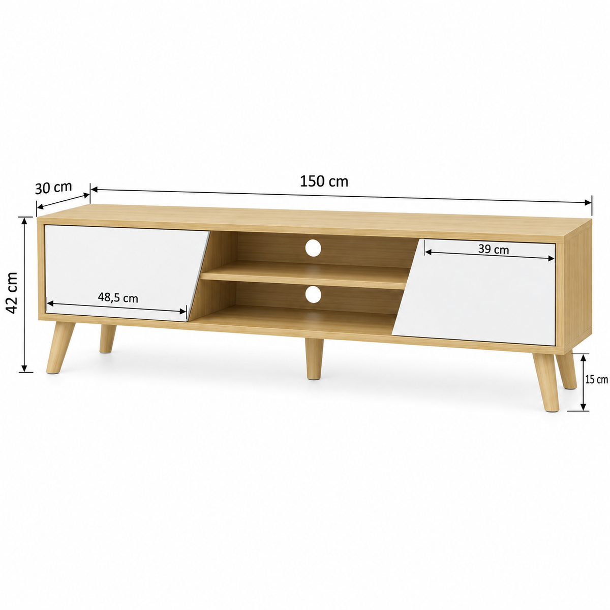 Dimensions du meuble TV bois et blanc : 150 x 30 x 42 cm