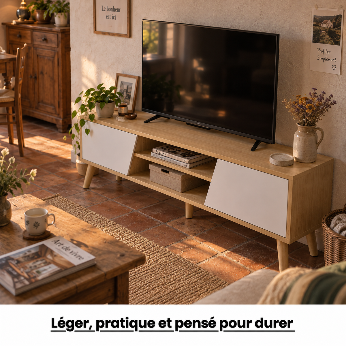 Meuble TV bois et blanc dans un salon chaleureux, téléviseur posé dessus et parquet en bois