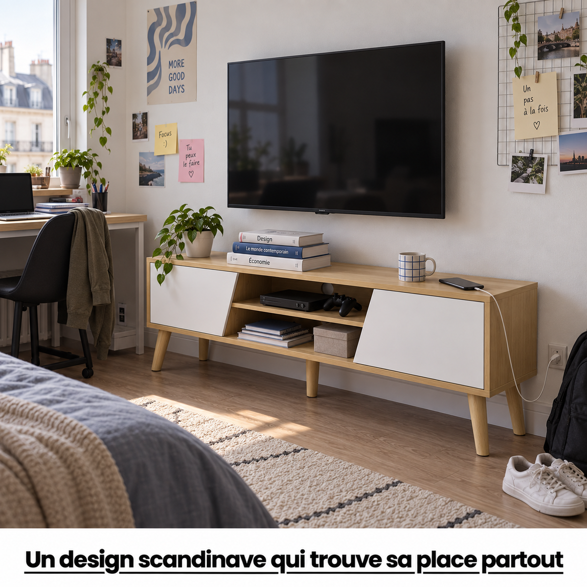 Meuble TV bois et blanc dans un salon lumineux, téléviseur fixé au mur et décoration murale