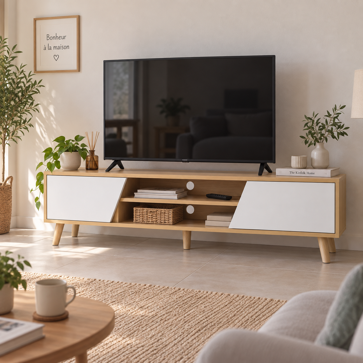 Rangement du meuble TV bois et blanc : 2 portes trapézoïdales et 2 étagères ouvertes centrales Image