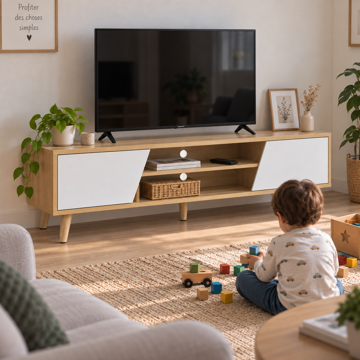 Meuble TV bois et blanc fixé au mur avec sa sangle anti-basculement Image