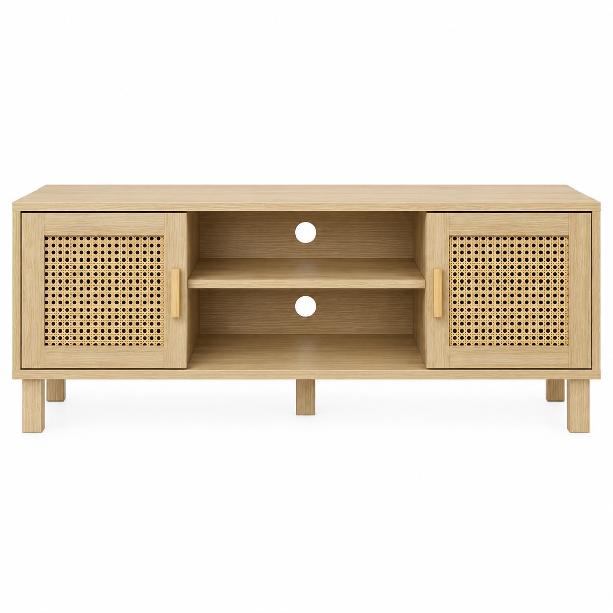 Meuble TV bois clair et rotin 115 cm Plexture, style bohème, vue de face : 2 portes en cannage et compartiment central ouvert à 2 niveaux