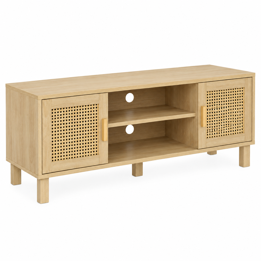 Meuble TV bohème en bois clair vu de trois quarts, portes en cannage et passe-câbles ronds