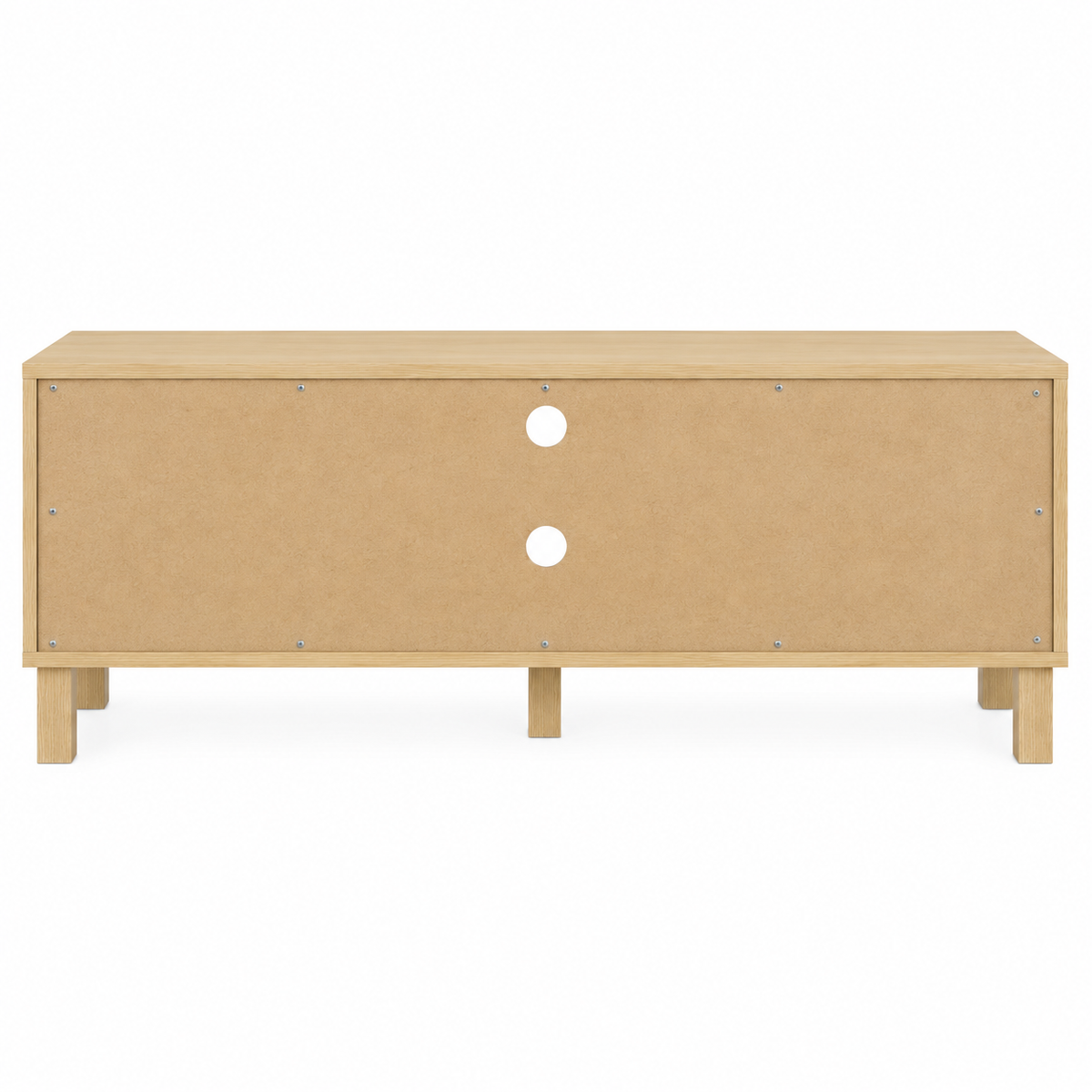 Vue arrière du meuble TV bohème en bois clair 115 cm, dos fermé avec passe-câbles ronds