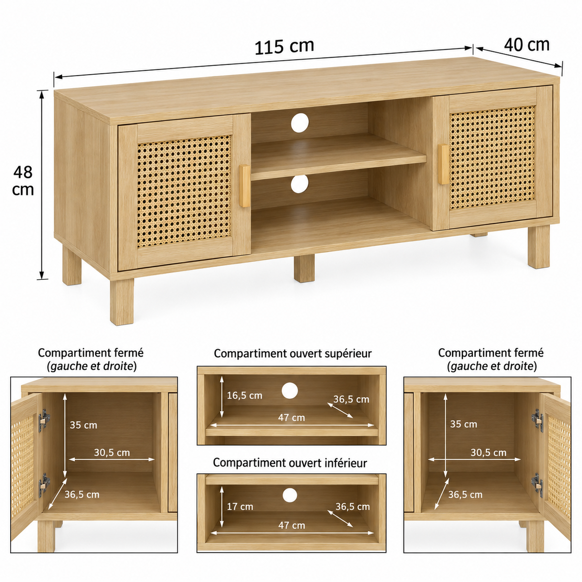 Dimensions du meuble TV bohème en bois clair et rotin : 115 x 40 x 48 cm, détail des 4 compartiments