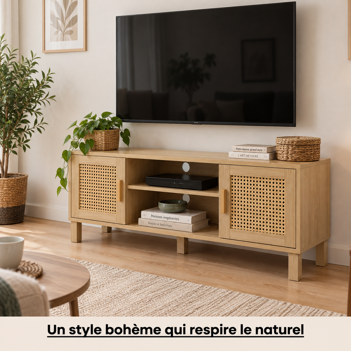 Meuble TV bohème en bois clair et rotin dans un salon lumineux, téléviseur fixé au mur et plantes vertes