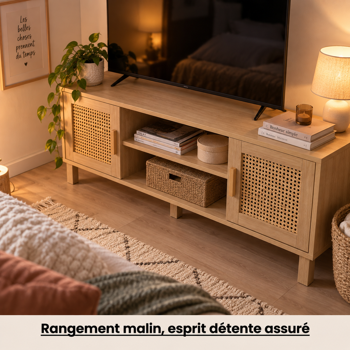 Meuble TV bohème en bois clair et rotin dans une chambre chaleureuse, livres et objets déco dans la niche