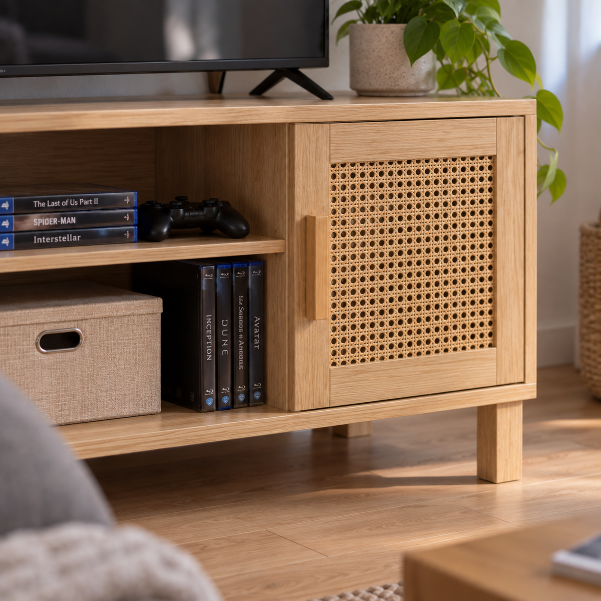 Rangement du meuble TV bohème en bois clair : 2 étagères ouvertes et 2 compartiments fermés en cannage Image