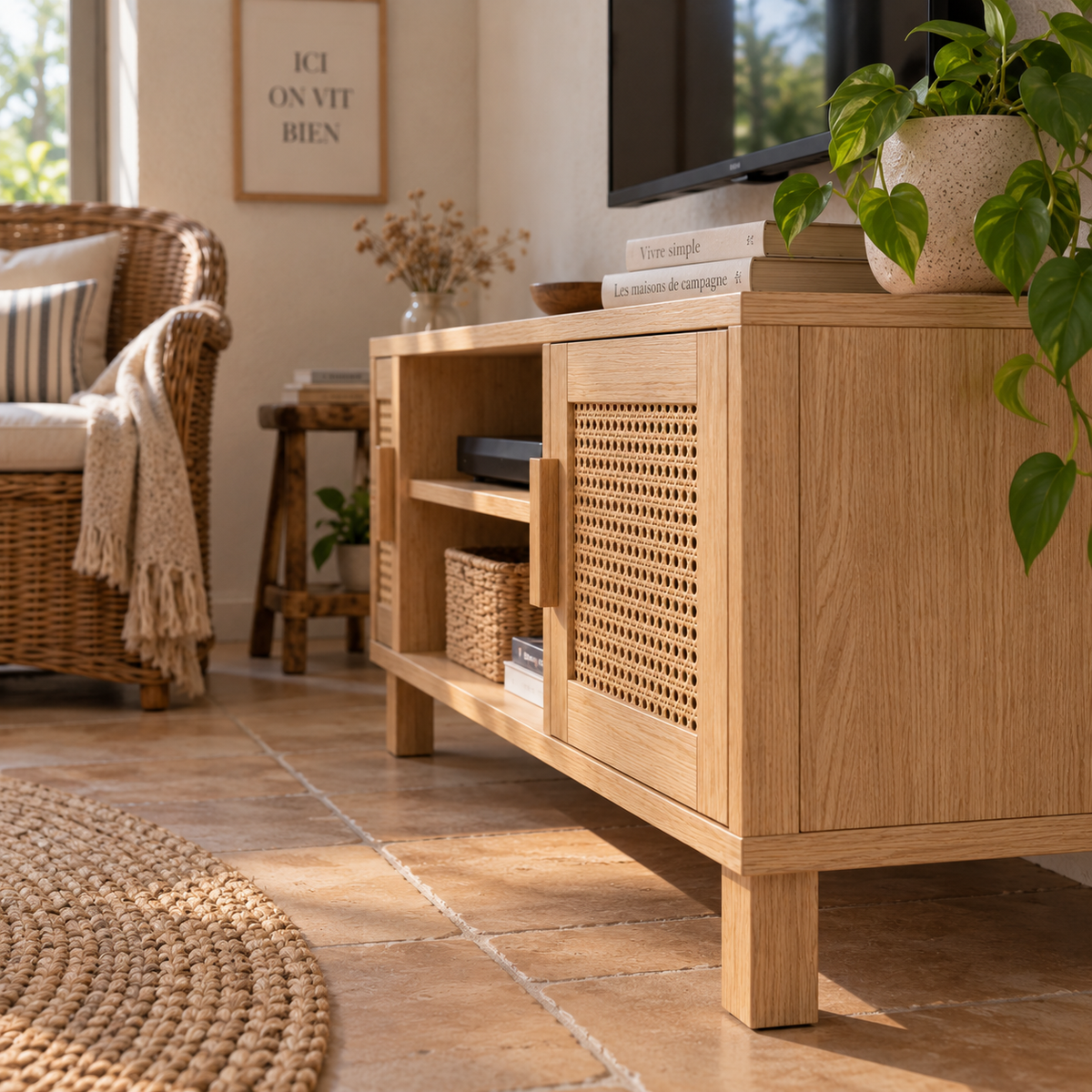 Meuble TV bohème en bois clair et rotin dans un salon naturel et chaleureux Image