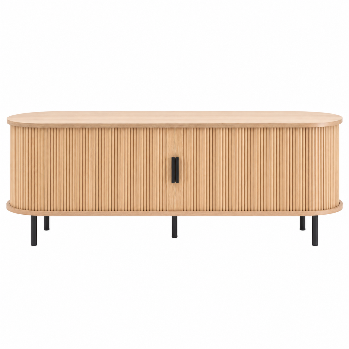 Meuble TV bois naturel 147 cm Plexture, forme ovale et porte tambour à lattes verticales, vue de face