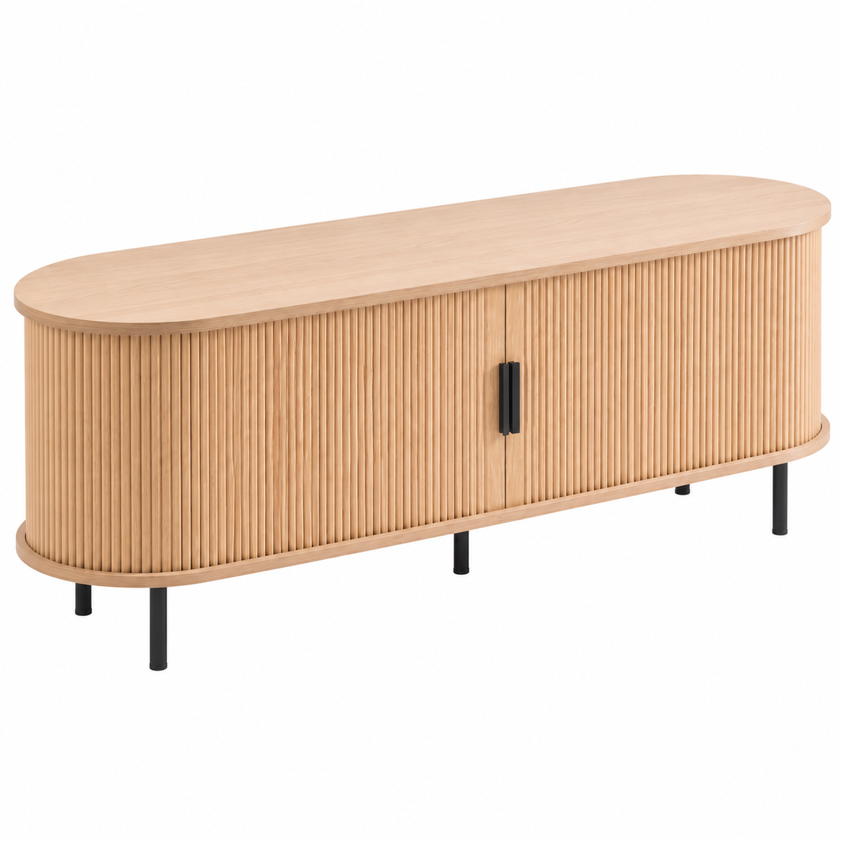 Meuble TV ovale en bois naturel vu de trois quarts, porte tambour et pieds fins noirs