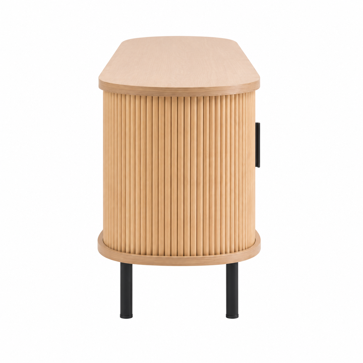 Vue de côté du meuble TV ovale en bois naturel, coins arrondis et pieds fins en fer
