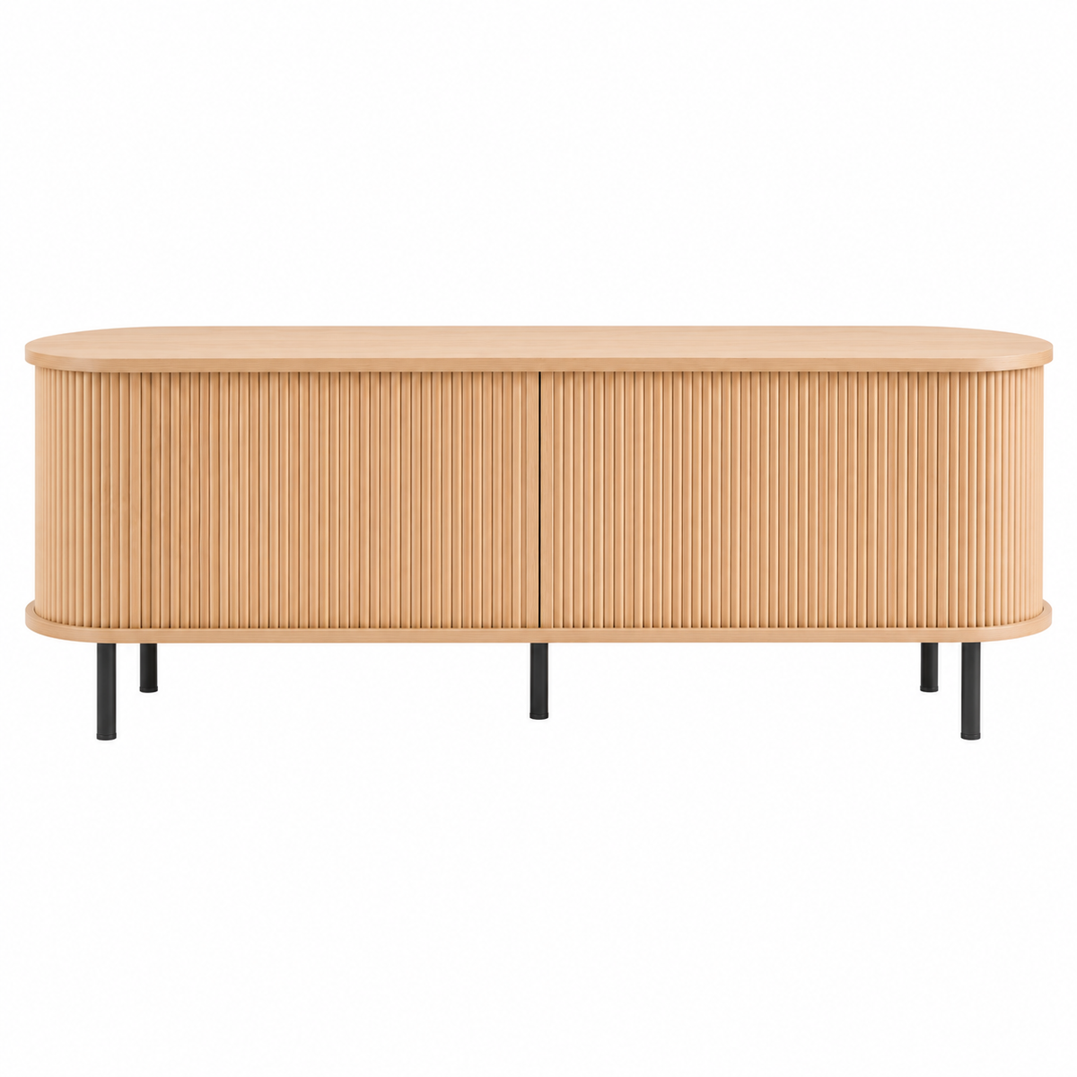 Vue arrière du meuble TV ovale en bois naturel 147 cm, dos fermé et coins arrondis sur pieds fins en fer