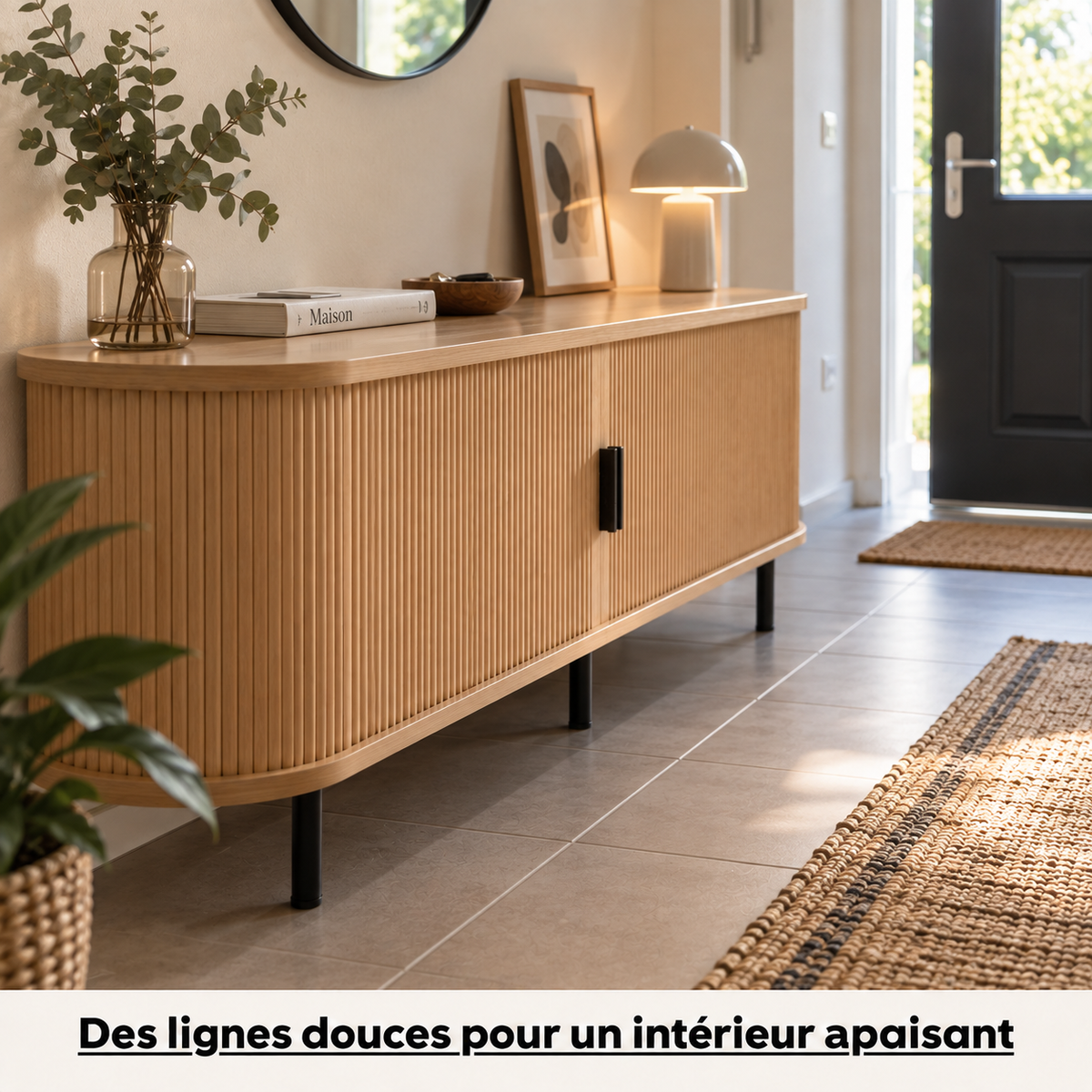 Meuble TV ovale en bois naturel dans une pièce lumineuse avec miroir rond et tapis