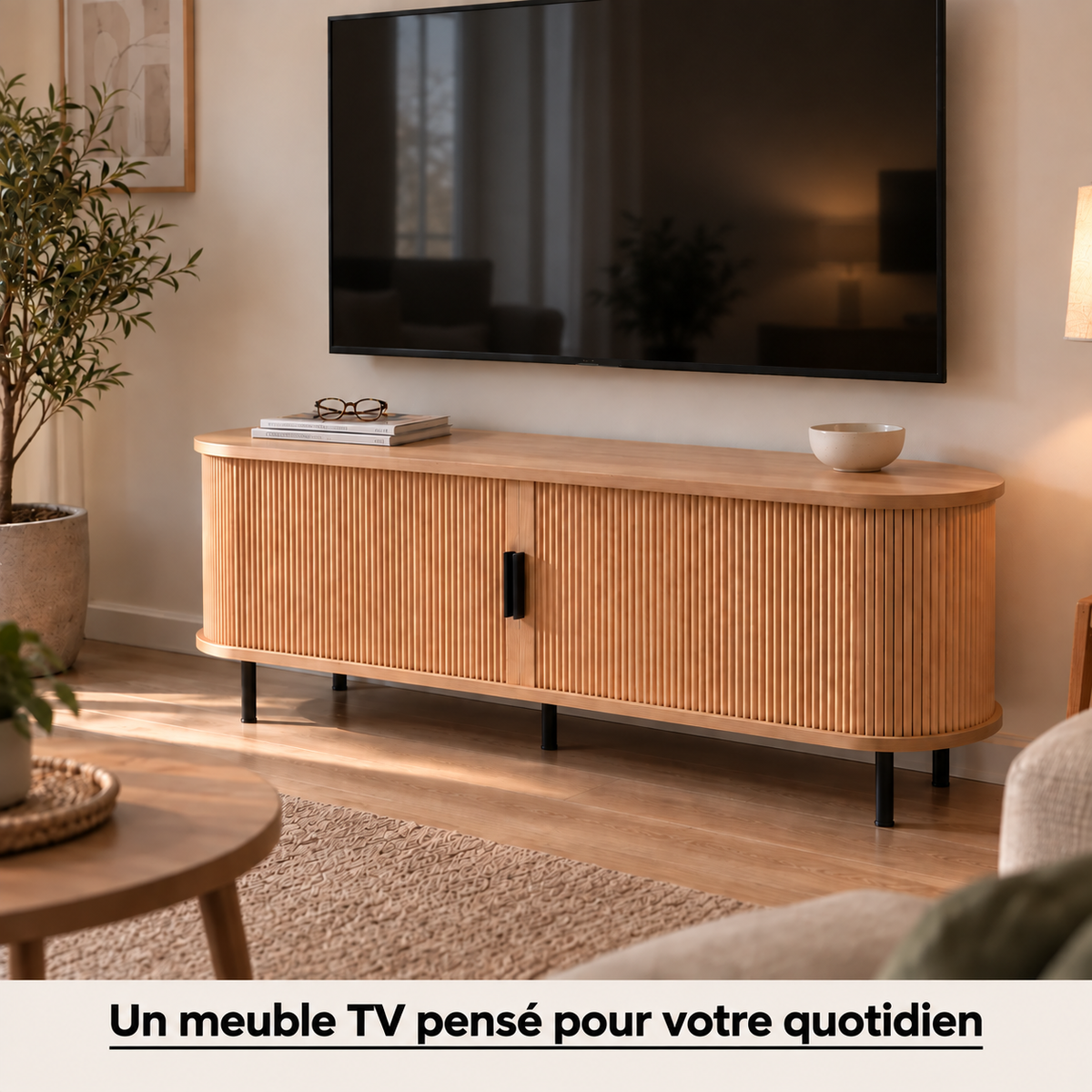 Meuble TV ovale en bois naturel dans un salon scandinave, téléviseur posé sur le plateau