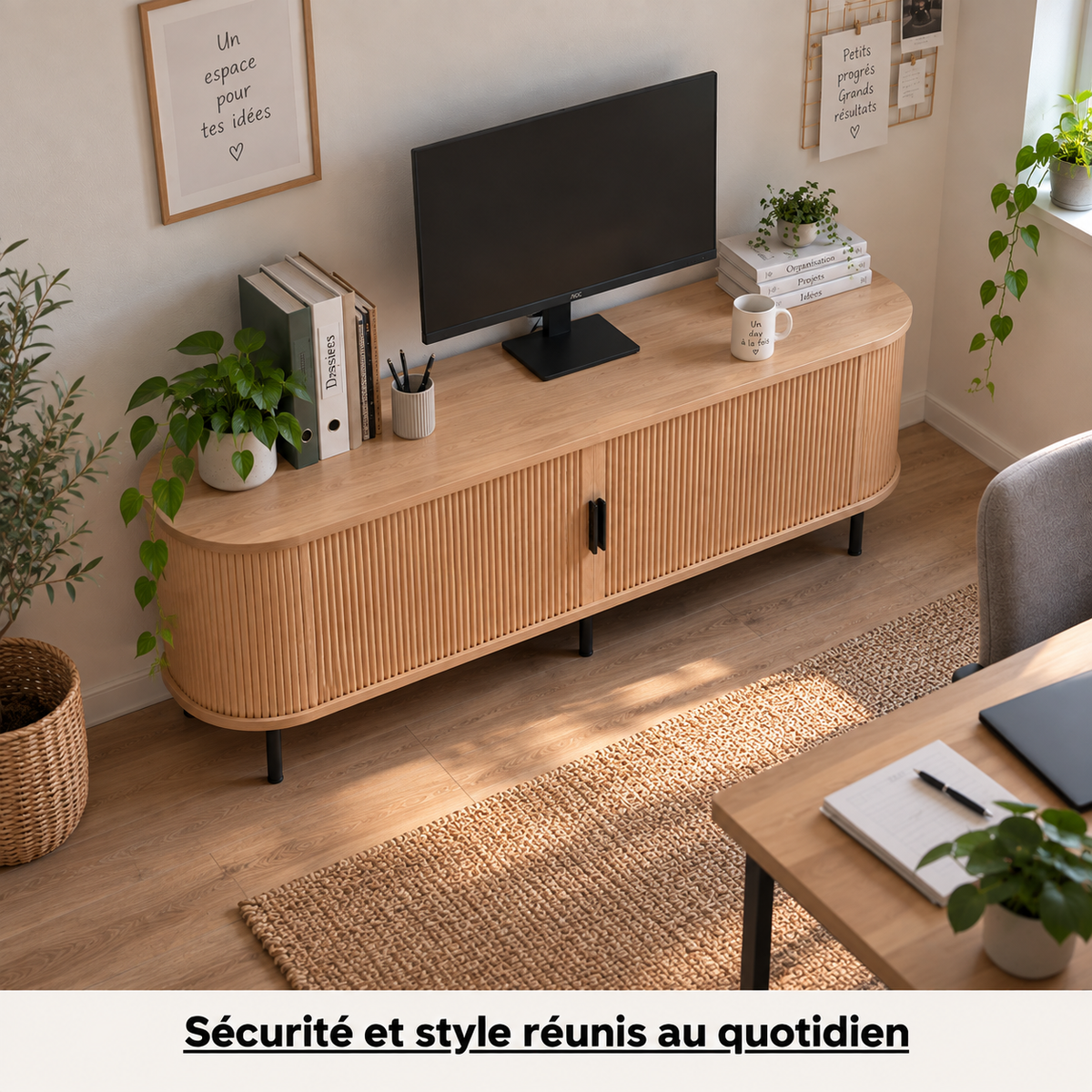 Meuble TV ovale en bois naturel dans un salon chaleureux avec plantes et étagère murale