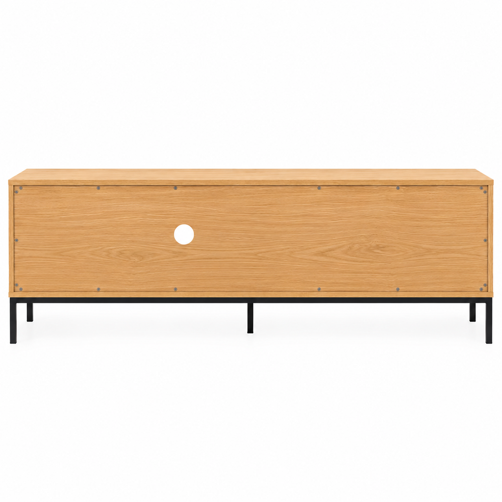 Vue arrière du meuble TV nordique aspect chêne 160 cm, dos fermé avec passe-câble rond