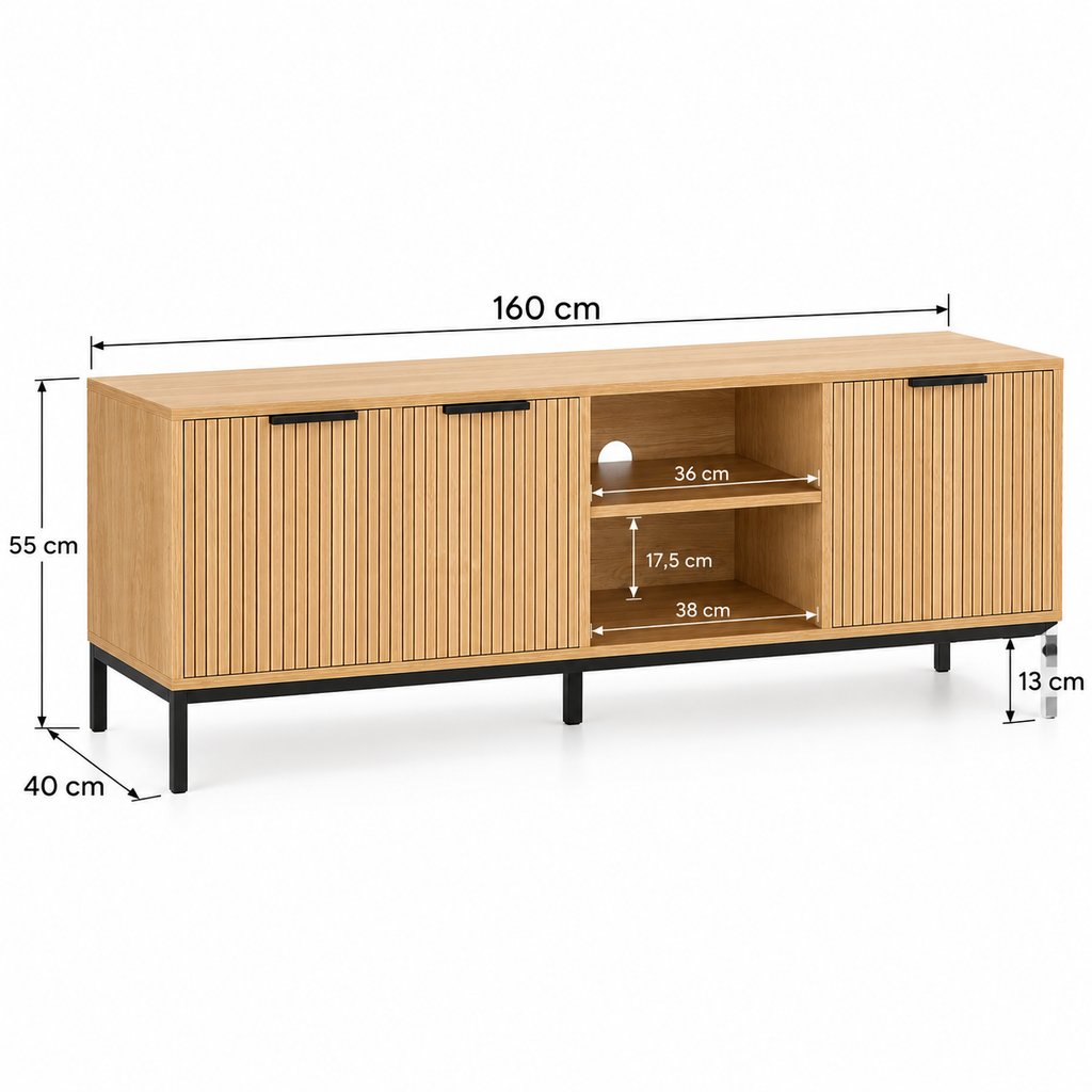 Dimensions du meuble TV nordique aspect chêne : 160 x 40 x 55 cm