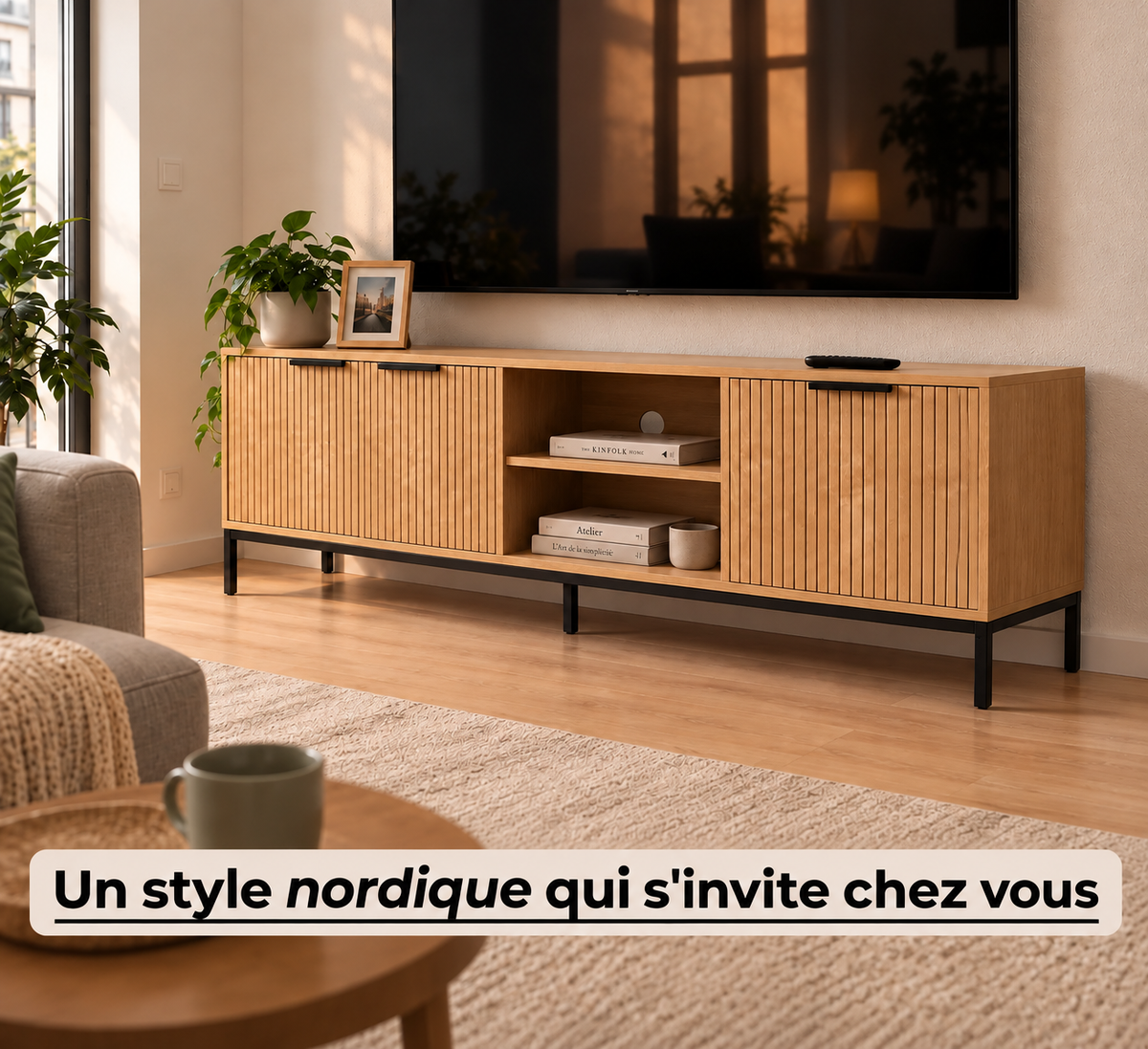 Meuble TV nordique aspect chêne dans un salon cosy, téléviseur fixé au mur et fauteuil