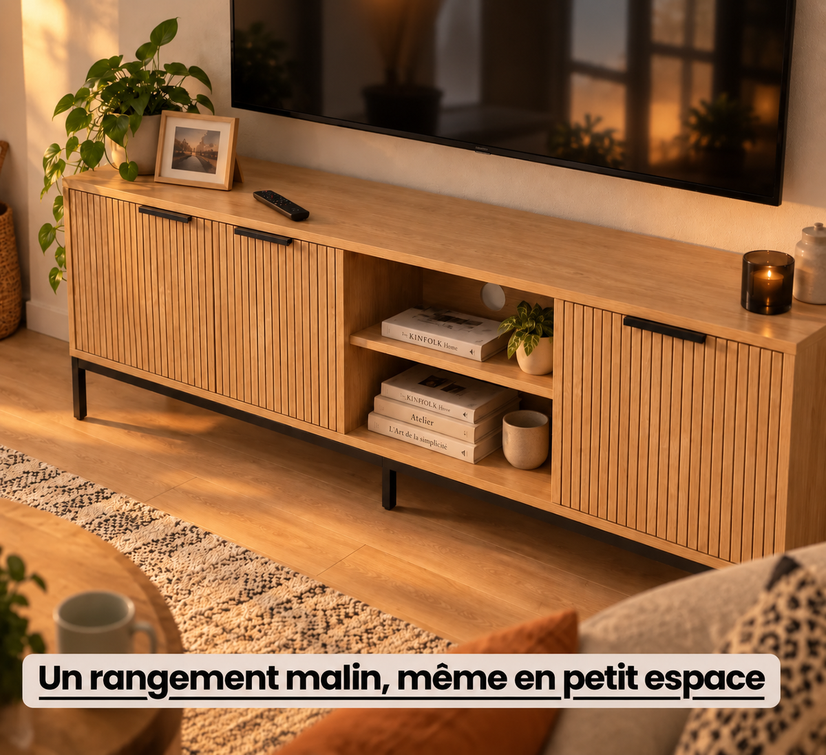 Meuble TV nordique aspect chêne dans un salon chaleureux, livres et objets déco dans la niche