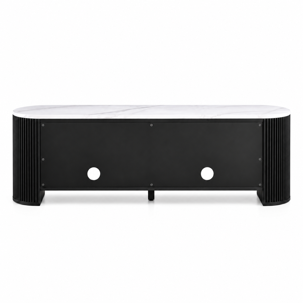 Vue arrière du meuble TV noir effet marbre 140 cm, dos noir avec passe-câbles ronds