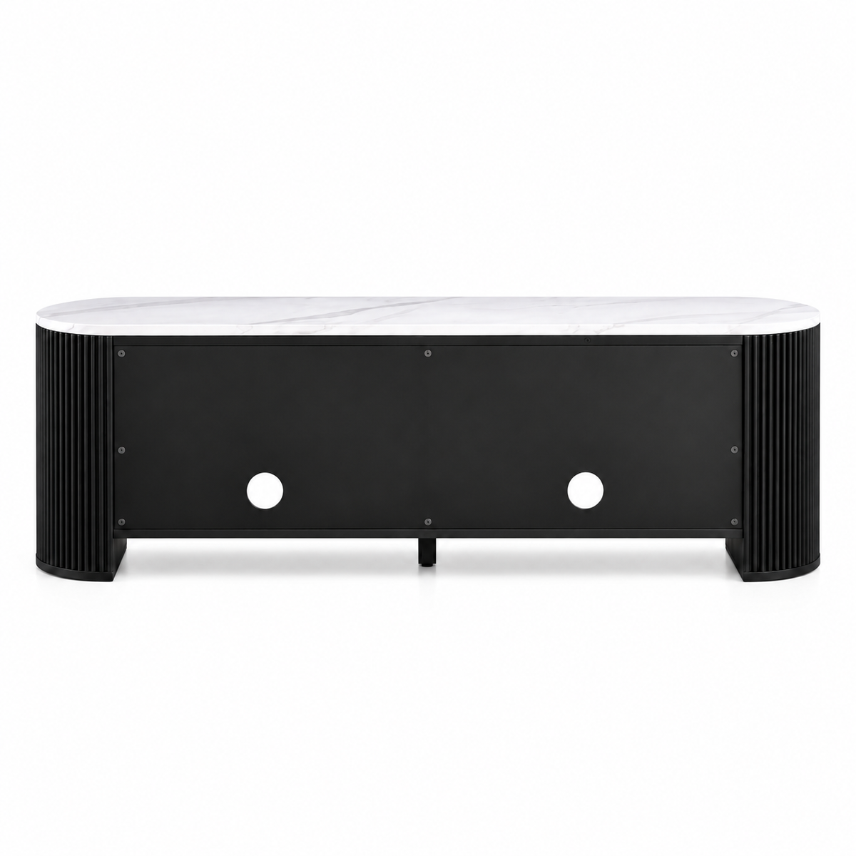 Vue arrière du meuble TV noir effet marbre 140 cm, dos noir avec passe-câbles ronds