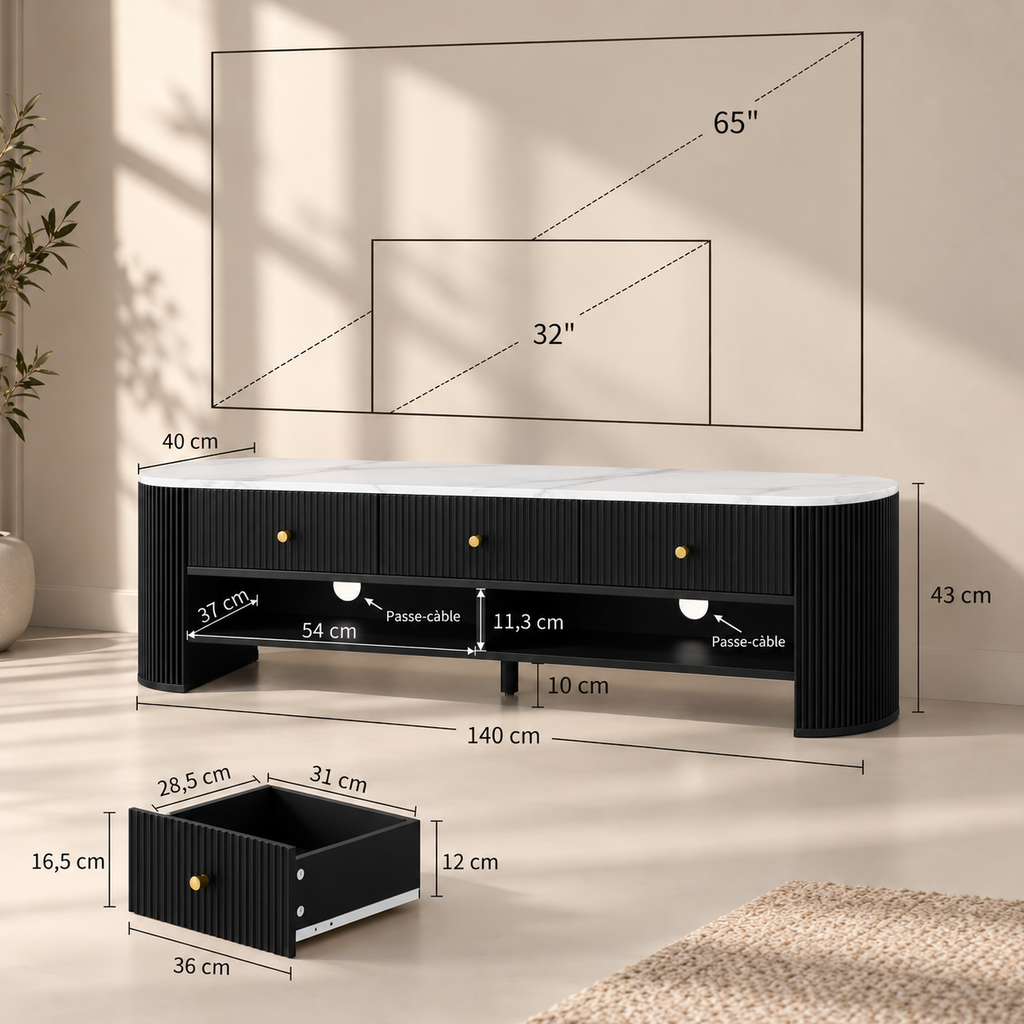 Dimensions du meuble TV noir effet marbre 140 cm et compatibilité avec les téléviseurs de 32 à 65 pouces
