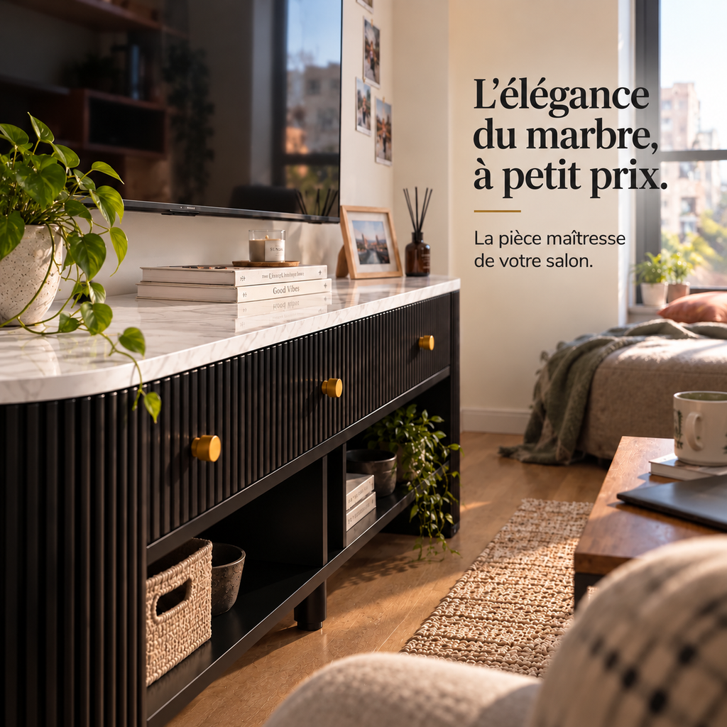 Meuble TV noir effet marbre dans un salon cosy, tiroirs cannelés et objets déco