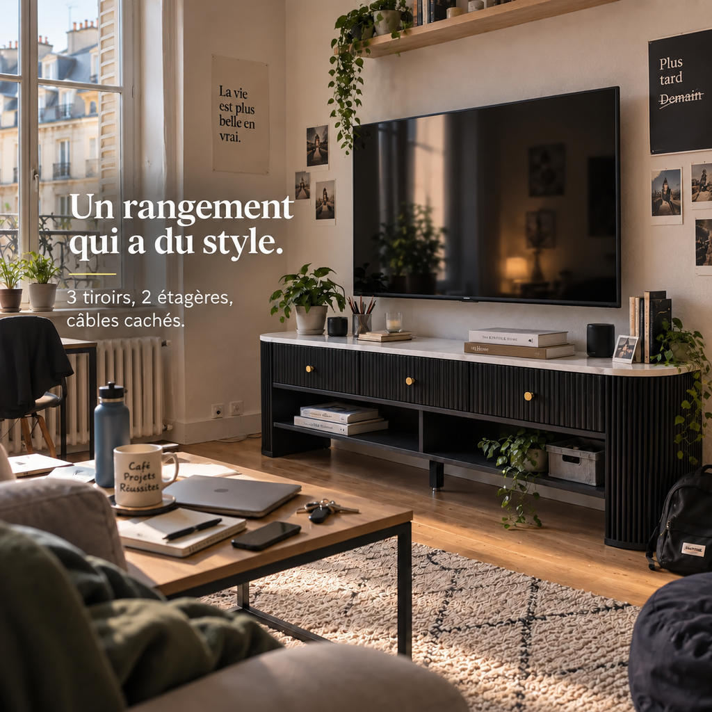 Meuble TV noir effet marbre dans un salon lumineux, grand téléviseur et plantes vertes