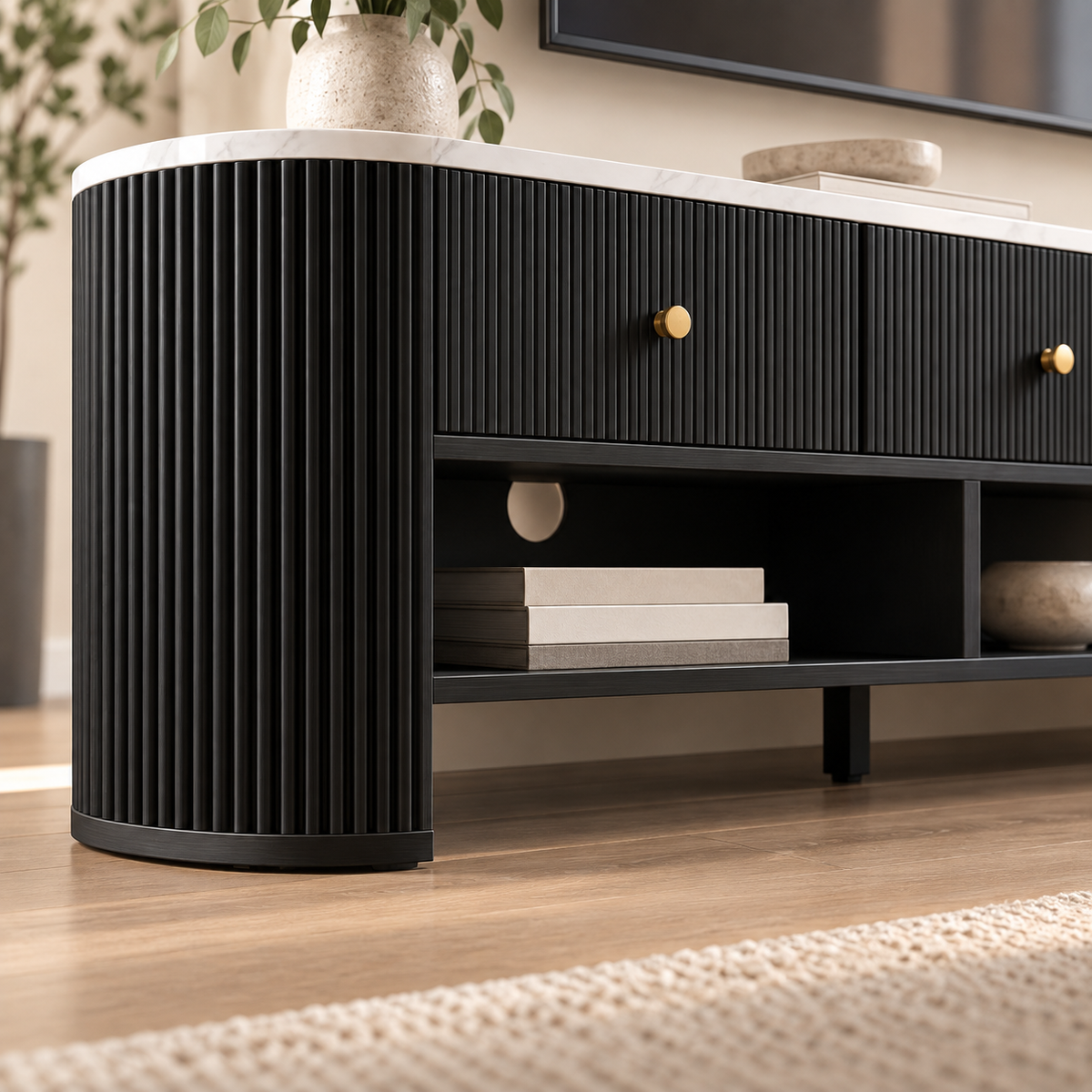 Structure en panneaux de particules du meuble TV noir effet marbre, charge maximale 65 kg Image