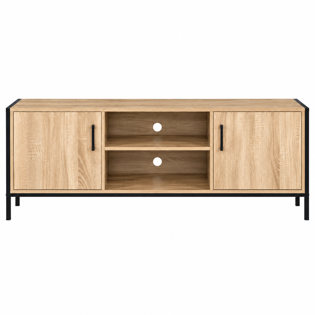 Meuble TV industriel 140 cm Plexture, bois façon hêtre et métal noir, vue de face : 2 placards et 2 niches ouvertes