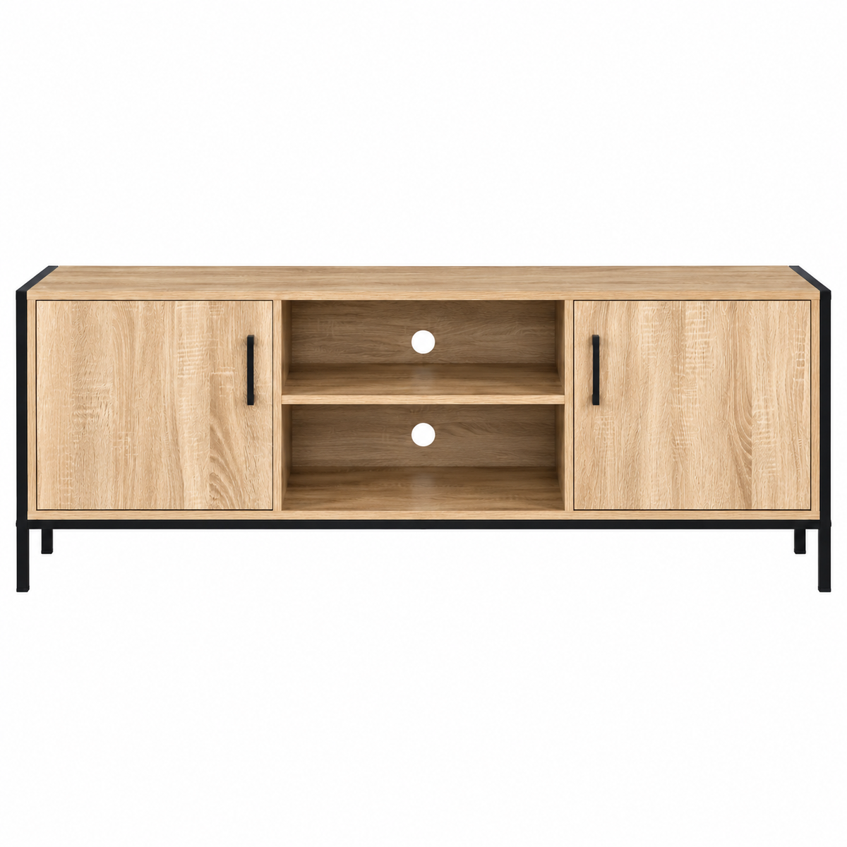Meuble TV industriel 140 cm Plexture, bois façon hêtre et métal noir, vue de face : 2 placards et 2 niches ouvertes