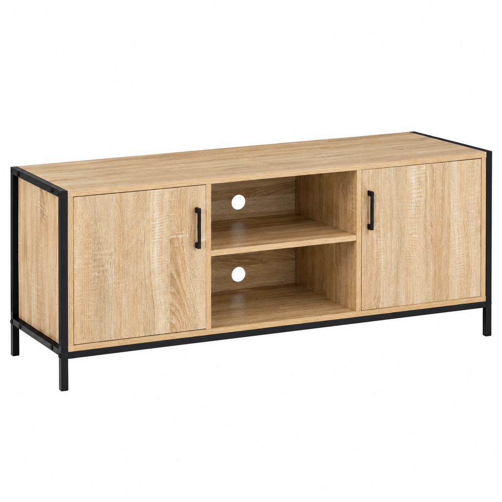 Meuble TV industriel bois et métal vu de trois quarts, structure en tubes de métal noir